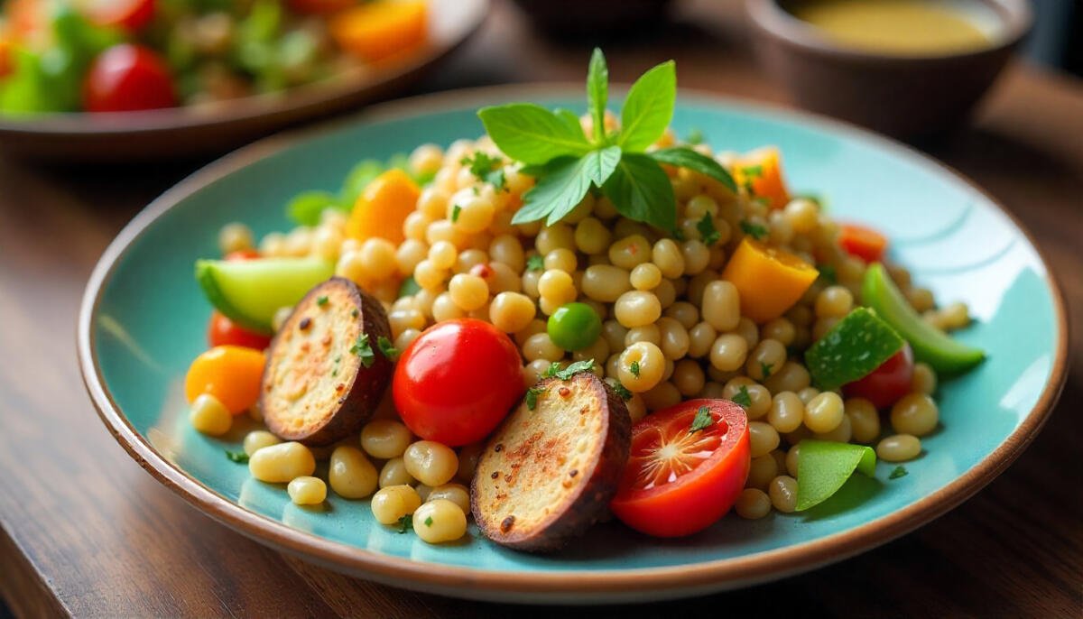 Vibrant vegan meal with fresh vegetables and grains at a trendy London restaurant.