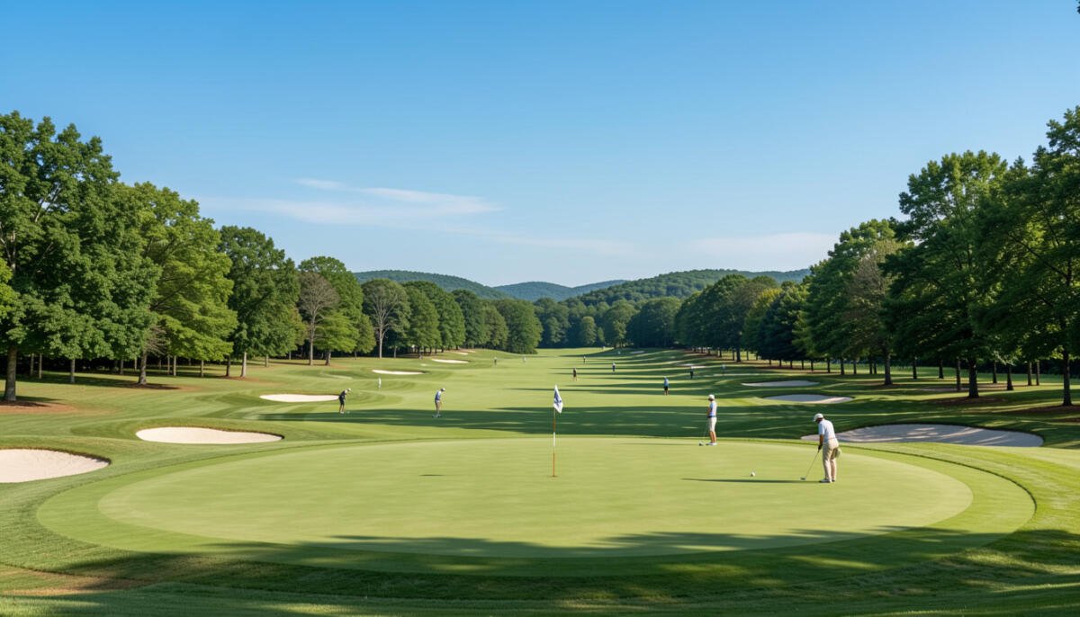 Beautiful public golf course in Virginia with green fairways, scenic landscape, and golfers playing under a clear blue sky.