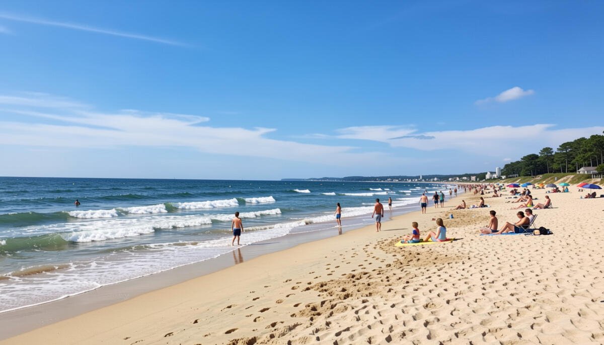 Beautiful sandy beach in Virginia with ocean waves, blue sky, and families enjoying a relaxing summer day on the coast