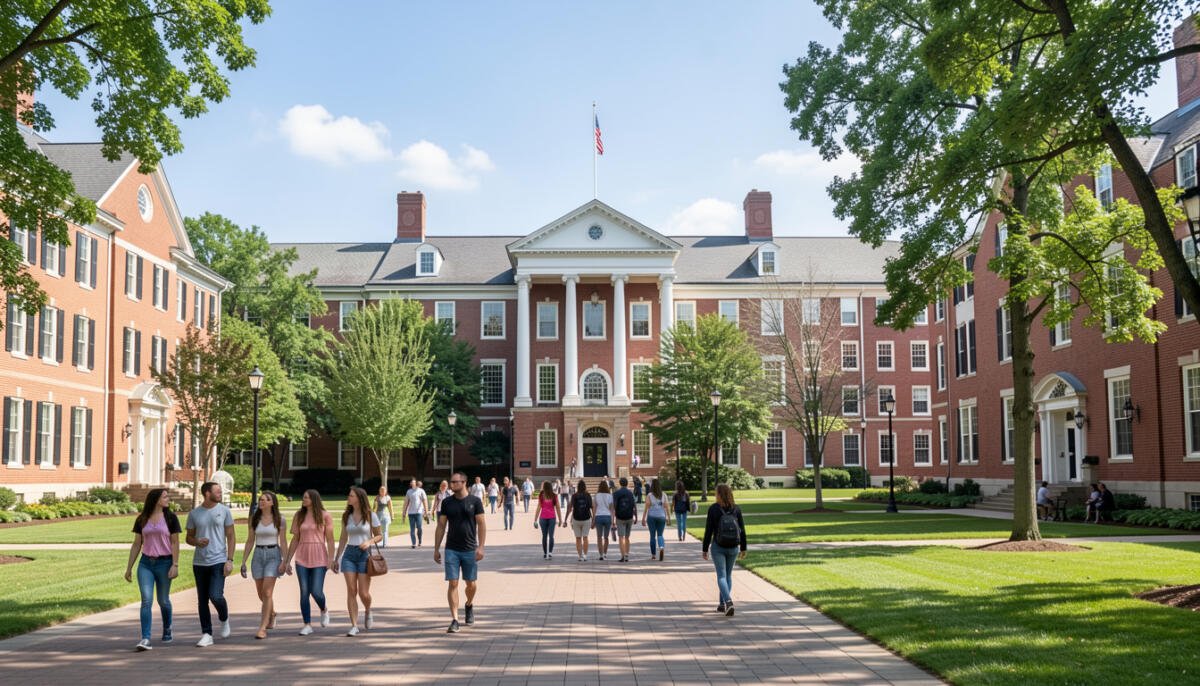 Campus view of top universities in Virginia with students walking.