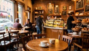 Cozy coffee shop in Virginia with freshly brewed coffee, latte art, pastries, and a warm café atmosphere.