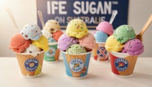 Delicious scoops of colorful ice cream from top ice cream shops in Australia served in cones and cups.