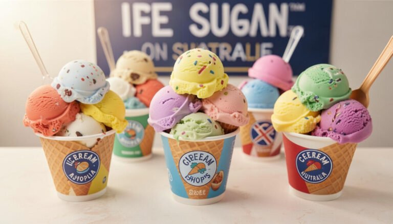 Delicious scoops of colorful ice cream from top ice cream shops in Australia served in cones and cups.
