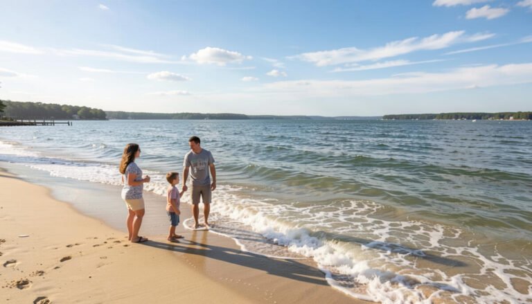 Family enjoying calm sandy Chesapeake Bay beach in Virginia with gentle waves and sunny sky