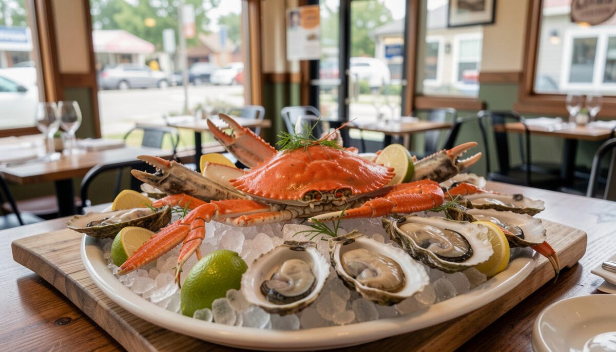Fresh seafood platter with crab, shrimp, and oysters at one of the best seafood restaurants in Virginia