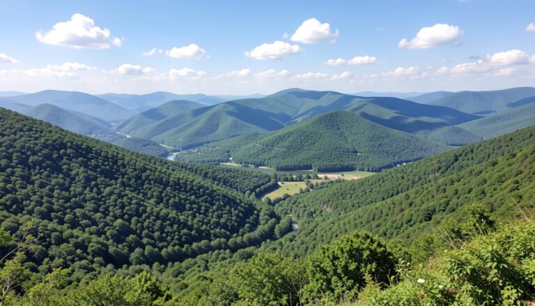 Rolling mountains in Virginia with lush green hills, scenic valleys, and blue sky landscape view.