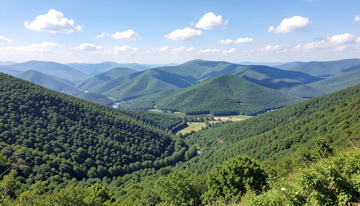 Rolling mountains in Virginia with lush green hills, scenic valleys, and blue sky landscape view.