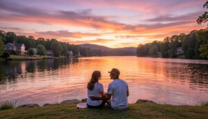 Romantic lakeside sunset in Virginia with colorful sky, perfect for couples visiting.