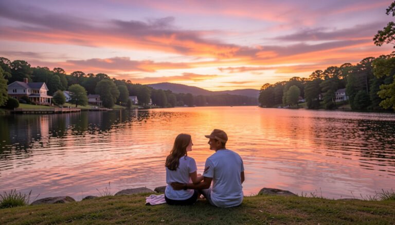 Romantic lakeside sunset in Virginia with colorful sky, perfect for couples visiting.