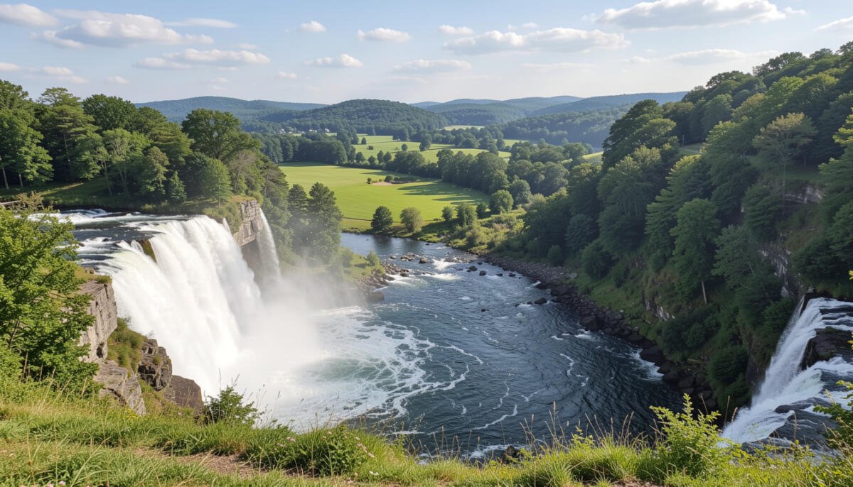 Scenic Virginia landscape with a dramatic waterfall and a peaceful valley in the background