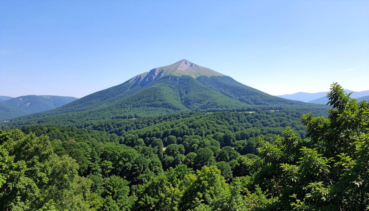 Scenic view of a mountain peak in Virginia with lush greenery and clear sky.