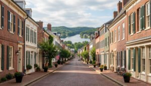 Scenic view of historic towns in Virginia with charming streets and colonial architecture.