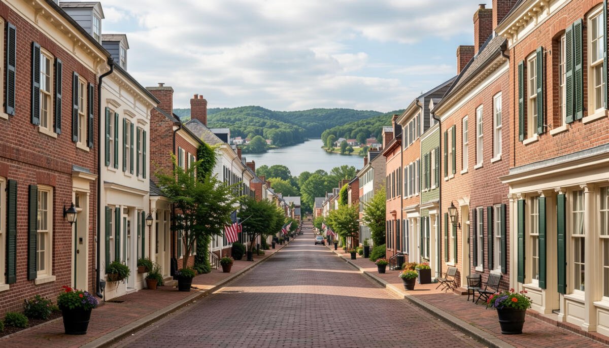 Scenic view of historic towns in Virginia with charming streets and colonial architecture.