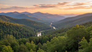 Stunning natural landscape in Virginia with Blue Ridge Mountains, lush forests, and scenic valley views at sunset.