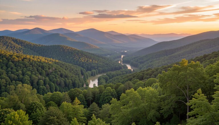 Stunning natural landscape in Virginia with Blue Ridge Mountains, lush forests, and scenic valley views at sunset.