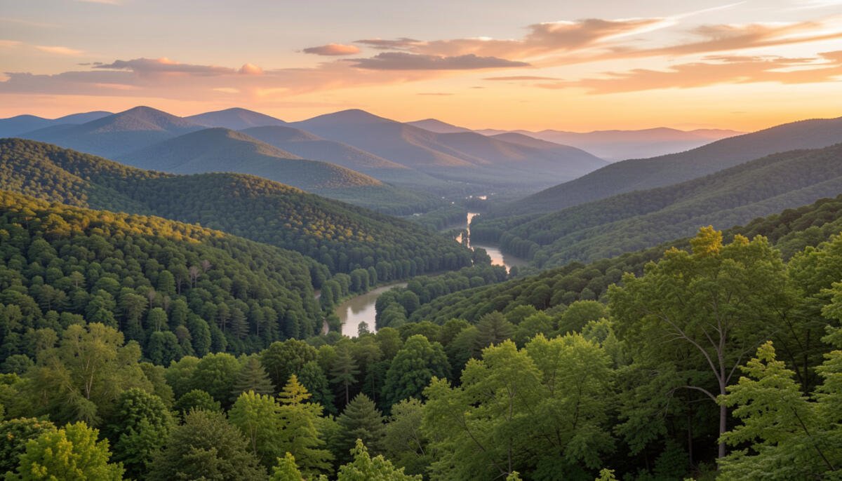 Stunning natural landscape in Virginia with Blue Ridge Mountains, lush forests, and scenic valley views at sunset.